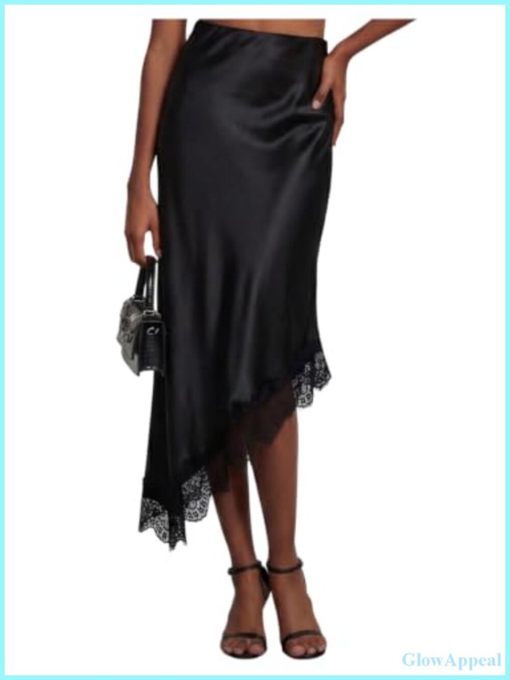 Silk Satin Midi Skirt Lace Asymmetrical Hem High Waist